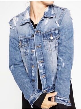 Zara Trafaluc Distressed Destroyed Denim Jean Jacket Blue White Medium